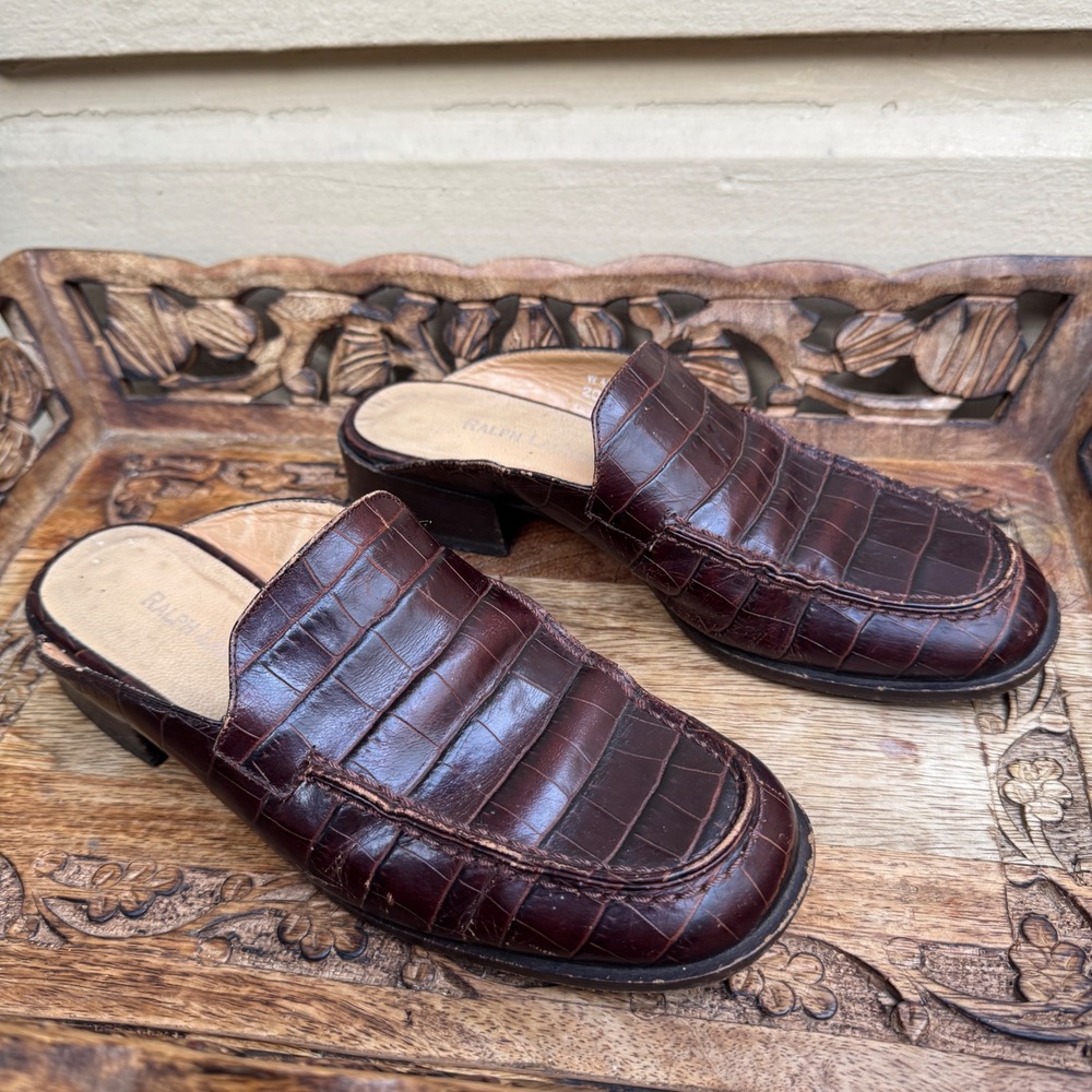 VTG Ralph Lauren Loafer Mules 5.5B Brown Croc Embossed Leather Square Toe Spain